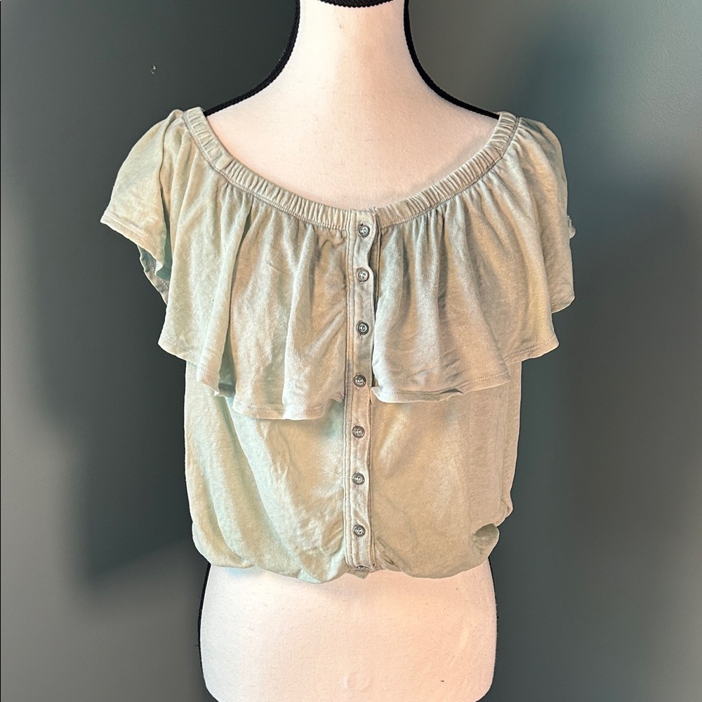 We The Free Sage Green Off-Shoulder Ruffle Crop Top